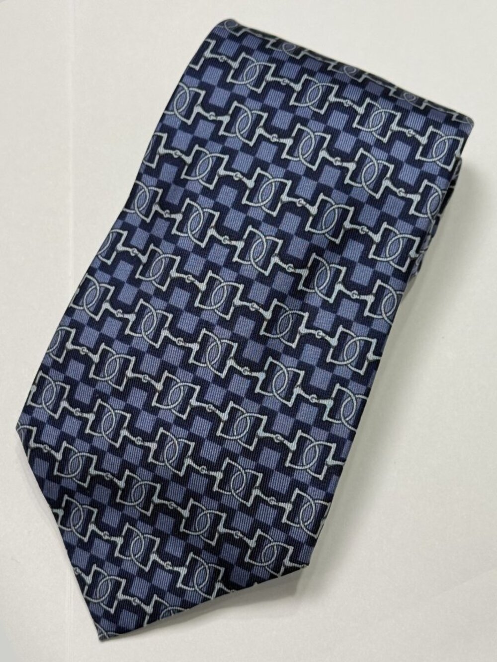 HERMES Light Blue Dark Blue Horsebit Pattern Print Silk Tie